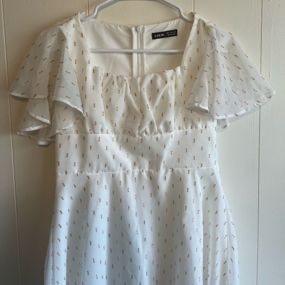SHEIN White w Gold Flecks Midi Sundress with Flutter Sleeves Size Small - Picture 3 of 11